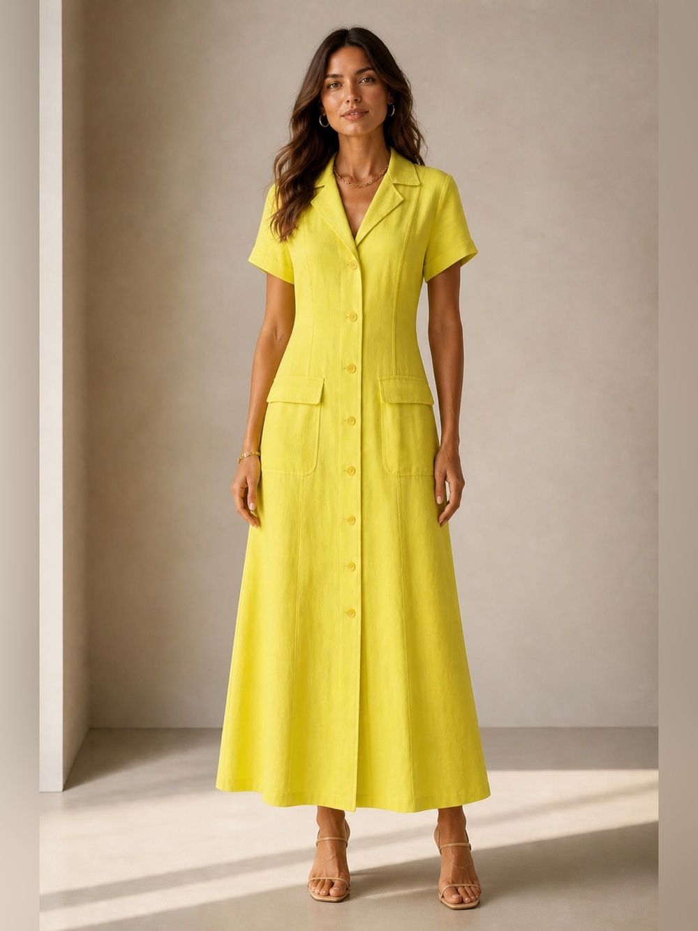 MARC CAIN Citron Linen Button Down Shirt Maxi Sun Dress No3 US 6 Resort Designer